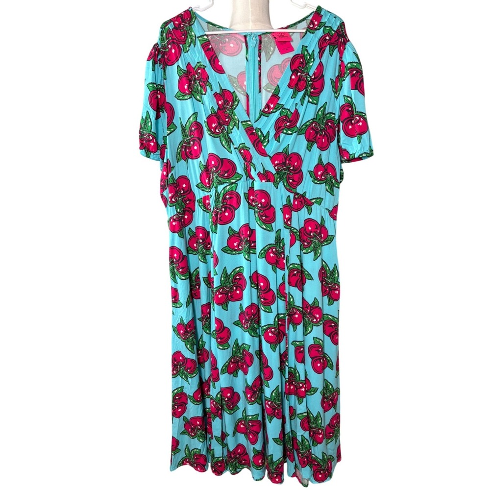 Torrid Betsey Johnson Blue Cherry Print Surplice Midi Dress Plus Size 24 Pockets - Picture 3 of 15